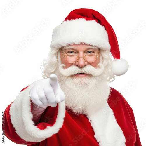 Friendly santa claus wearing his iconic red suit and hat pointing directly at the viewer with a warm smile isolated on transparent background