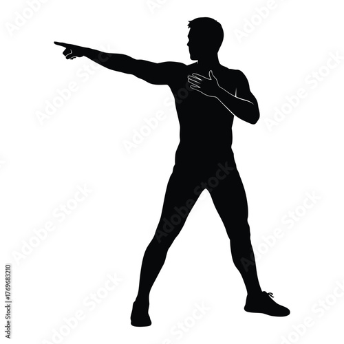 Dynamic silhouette of a muscular man in a boxing stance pointing forward silhouette
