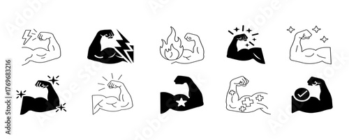 Muscle strength icon set. Fitness arm power and bodybuilding biceps star, plus, fire, body, symbol design outline silhouette vector.