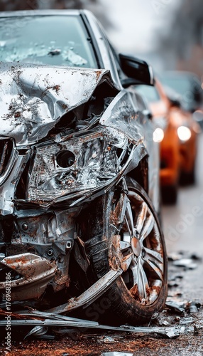 Car crash aftermath: A silver vehicle's front is severely damaged following a collision, with debris scattered on the wet pavement. Stay safe on roads.