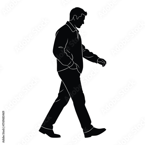 Silhouette of a man walking in a casual outfit full body profile view silhouette