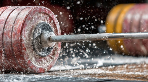 A close-up photo of a weightlifting barbell with red plates covered in chalk and powder. This equipment signifies strength training and power.