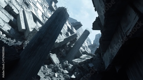 Toppled concrete pillars and structural ruins in a scene of destruction