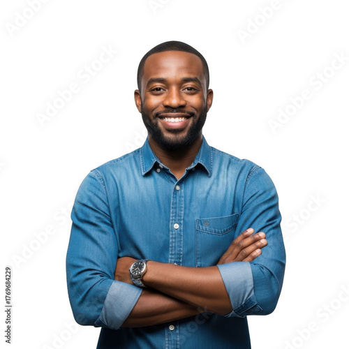 A confident and smiling black man with his arms crossed wearing a blue denim shirt isolated on transparent background