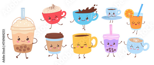 Set of adorable drink cups and glasses with smiling faces coffee, tea, bubble tea, and juice. Perfect for cafe branding or fun food projects.