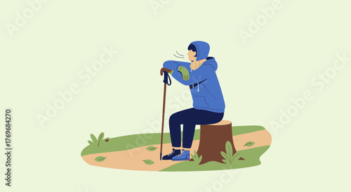 Resting Hiker Conceptualized In Nature on a Tree Stump During an Outdoor Adventure