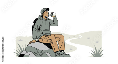 Resting Hiker Enjoying Hydration On A Trail During A Journey Through Nature's Beauty