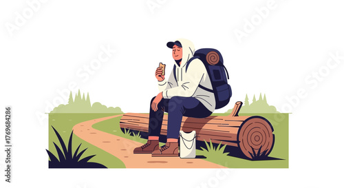 Resting Hiker Enjoying A Snack While Taking A Break On A Wooden Log With A Backpack