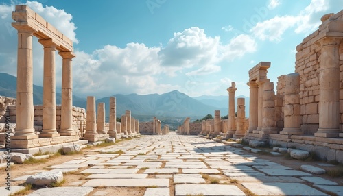 Ancient Greek temple ruins display grand stone columns, substantial structures lining paved historic road stretching into distance. Bright blue sky with white clouds hangs above classic architecture.
