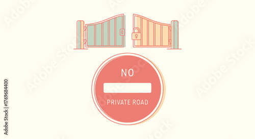 Private Road Ahead Blocked by Closed Gates and Sign Against Vehicles Entering