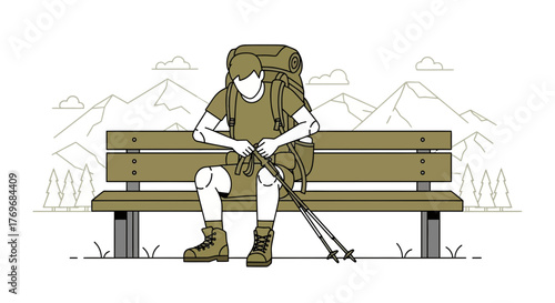 Resting Hiker Pauses Recreation Outdoors After A Vigorous Trek In Mountain Terrain