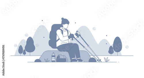Resting Hiker Pausing in Mountainous Landscape, Taking a Moment of Stillness to Enjoy