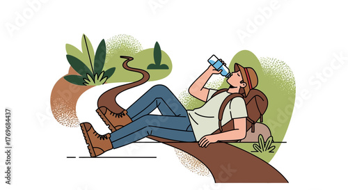 Resting Hiker Rehydrating on Trail After Backpacking, Enjoying Refreshing Water Break