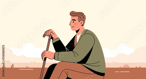Resting Man Leaning On Walking Stick In Front Of a Warm Toned Landscape