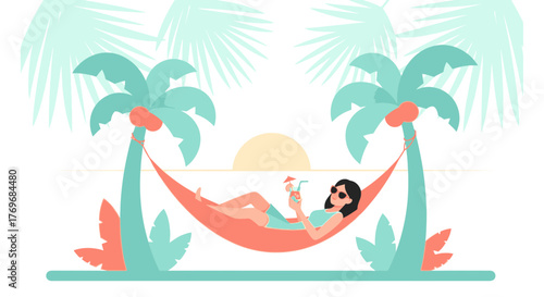 Relaxation And Enjoyment: A Woman Lounging On A Hammock By The Beachside