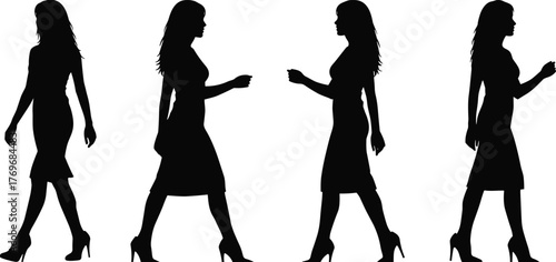 Walking silhouette, fashion pose, black figure, dress icon, high heels, motion gesture, stylish stride, beauty illustration, elegance symbol, runway stance