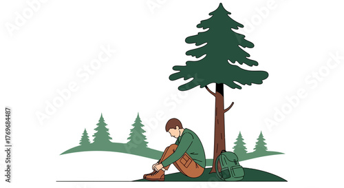 Resting Outdoors: Contemplative Hiker Under a Tree Amidst Nature's Serenity