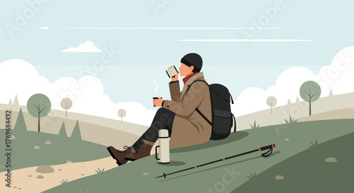 Relaxed Hiker Enjoying A Hot Beverage Amidst Peaceful Rolling Hills Scenery