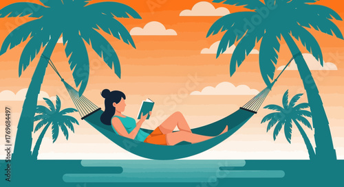 Relaxation And Reading: Enjoying A Leisurely Moment Under Tropical Palm Trees