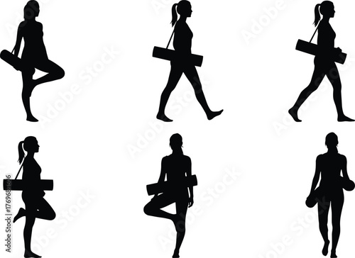 Yoga, silhouette, woman, fitness, mat, pose, balance, exercise, walking, standing, tree pose, ponytail, active, healthy, lifestyle, workout, black, minimal, icon, vector