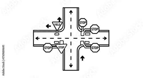 Road Intersection Artwork Showcasing Traffic Signals And Road Markings In Vector Outline