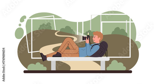 Relaxing Photographer Capturing Verdant Scenery While Lying on a Park Bench Outdoors