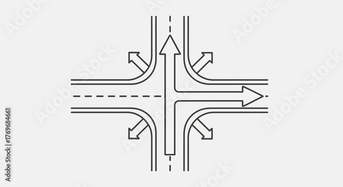 Road Intersection Artwork Shows Directions and Traffic Flow in Minimalist Style