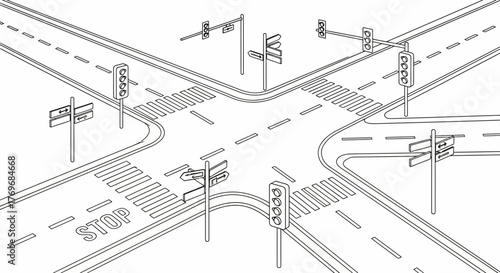 Road Intersection Artwork Showing Pedestrian Crossings, Traffic And Road Signs