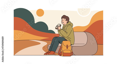 Rest And Enjoyment: A Young Traveler's Mealtime Break In The Scenic Landscape