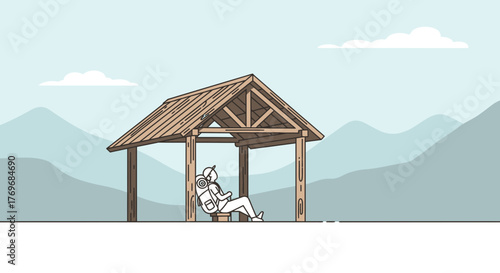 Rest And Contemplation: A Hiker Finds Solace Under A Wooden Shelter Amidst The Mountains