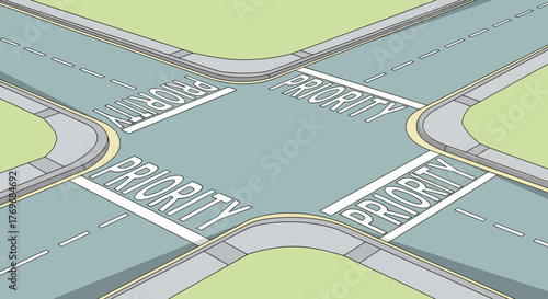 Road Intersection Artwork with Priority Word Displayed for Planning and Strategic Thinking