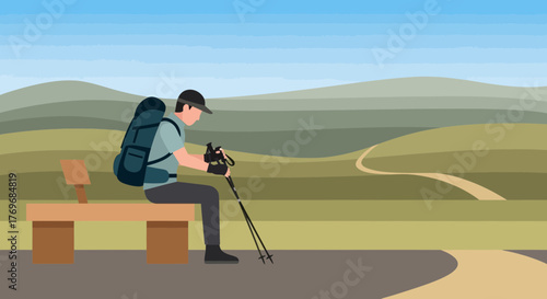 Restful Hiker Admiring Nature's Beauty in Peaceful Wilderness After Trekking Journey