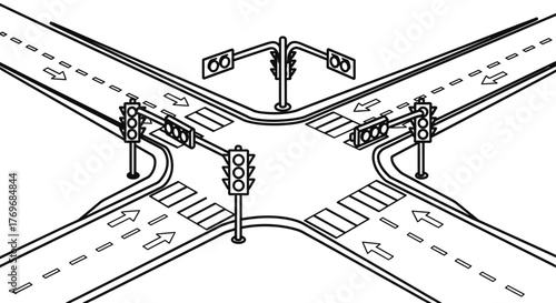 Road Intersection With Traffic Signals Depicted In A Perspective View For Conceptual Uses