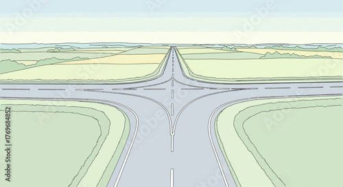 Road Intersection Illustration Showing Multiple Directions and Leading to the Horizon