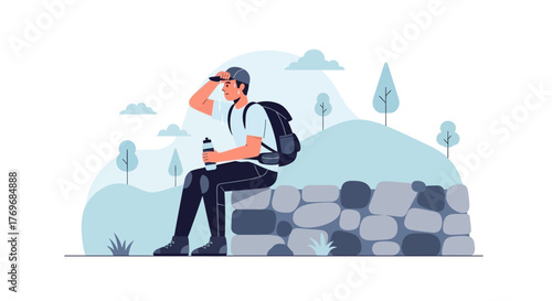 Restful Hiker Takes Break to Observe Scenic Environment and Natural Landscapes
