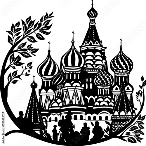 aint Basil's Cathedral silhouette vector illustration with ornate domes and folk scene in black and white