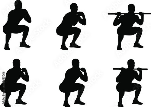 Squat, silhouette, person, exercise, barbell, posture, fitness, gym, black, icon, vector, minimal, design, illustration, strength, training, movement, bodyweight, technique, workout