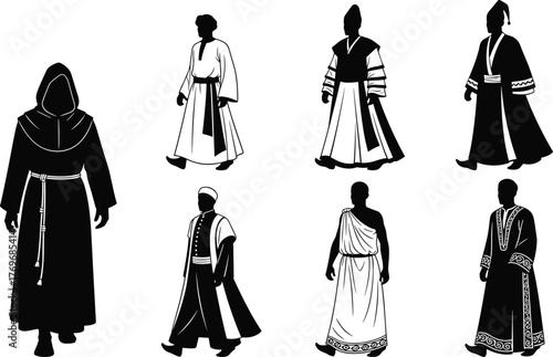 Silhouette, robe, traditional, costume, ceremonial, cultural, figure, black, icon, vector, attire, historical, design, illustration, hooded, toga, headpiece, minimal, fashion, character