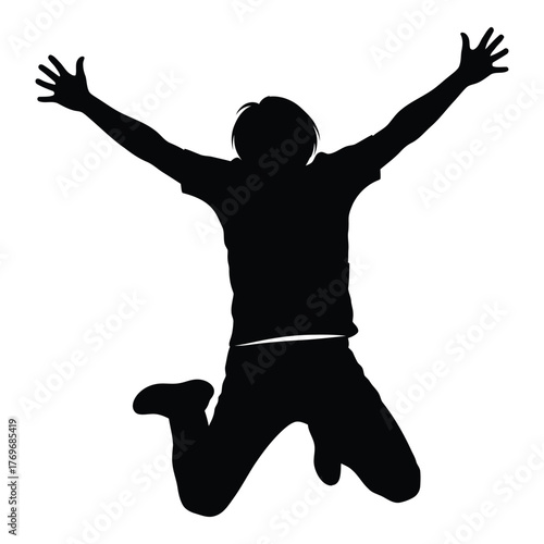 Silhouette of a person jumping with arms raised in celebration and joy silhouette