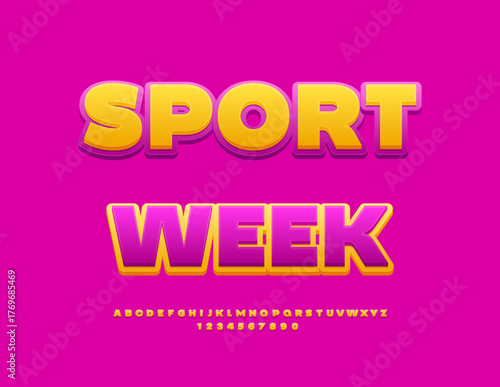 Vector Activity flyer Sport Week. Bright Modern Font. Yellow and Purple set of Alphabet Letters and Numbers