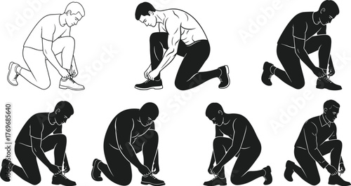 Shoelace tying, squatting pose, sneaker style, kneeling figure, footwear action, casual outfit, silhouette art, daily routine, hand gesture, illustration set