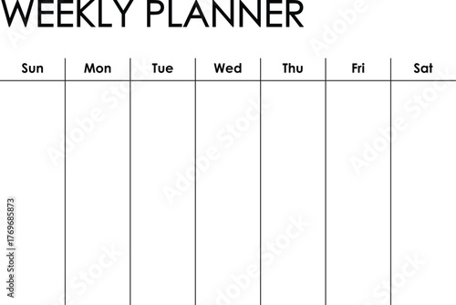 Weekly planner calendar - Sunday to Saturday format. Simple black and white design	