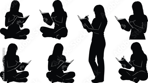 Reading, writing, silhouette, person, notebook, pose, seated, standing, black, study, education, journal, reflection, icon, vector, concentration, minimal, thoughtful, illustration, activity