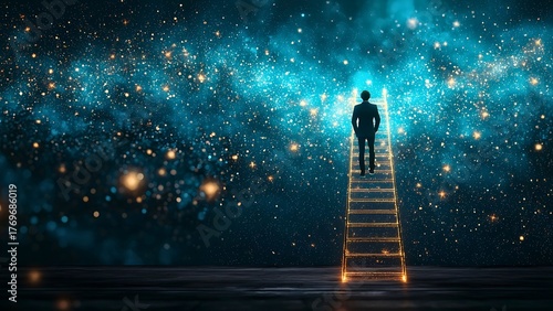A man climbs a glowing ladder into the starlit sky, symbolizing ambition and achieving goals. The artwork combines elements of reality and fantasy, creating a visually compelling scene.