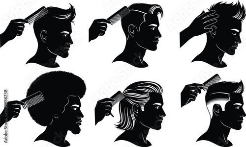 Male hairstyle silhouette, grooming action, stylish haircut, black profile, combing hair, modern fade, afro style, slicked back, textured look, barber icon