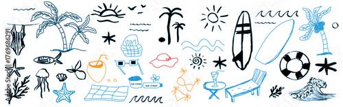 beach summer outline elements. and Set with various accessories for beach vacation ,Hand drawn vector icons 
