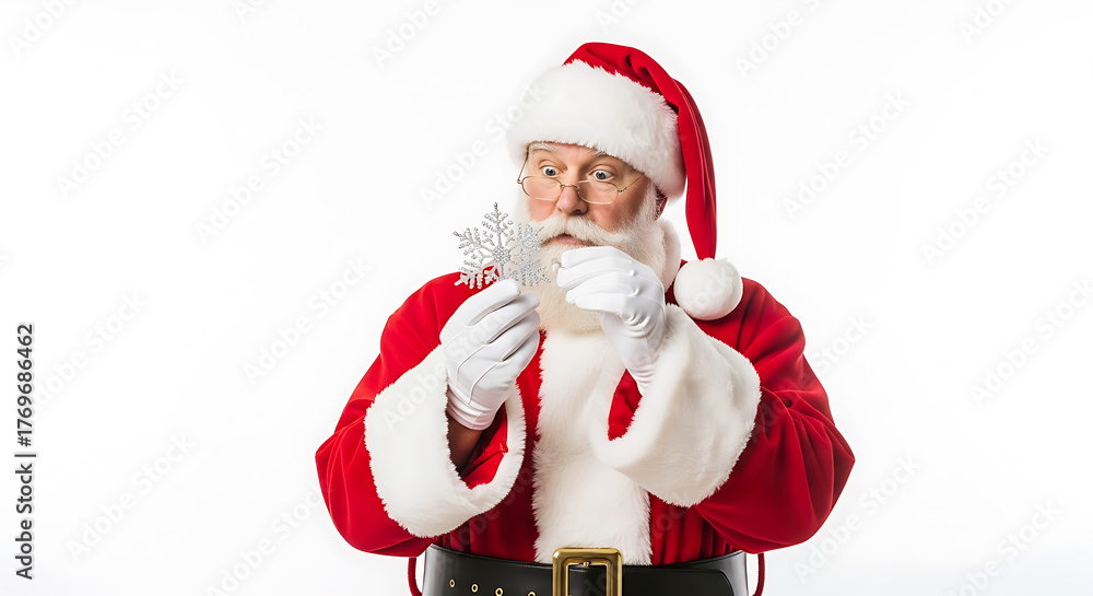 Fototapeta premium Santa claus holding a clear glass ornament against a white background