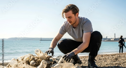 Beach Cleanup Volunteer: A focused individual diligently collects litter from a pristine beachfront, advocating for environmental preservation and coastal cleanliness, embodying responsibility.