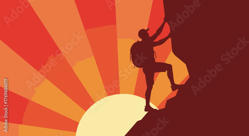Silhouette Of A Climber Ascending a Rock Facade With A Sunset Backdrop Illustration