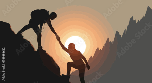 Silhouette Mountain Climbers Hand Helping Each Other Reach New Heights At Sunset